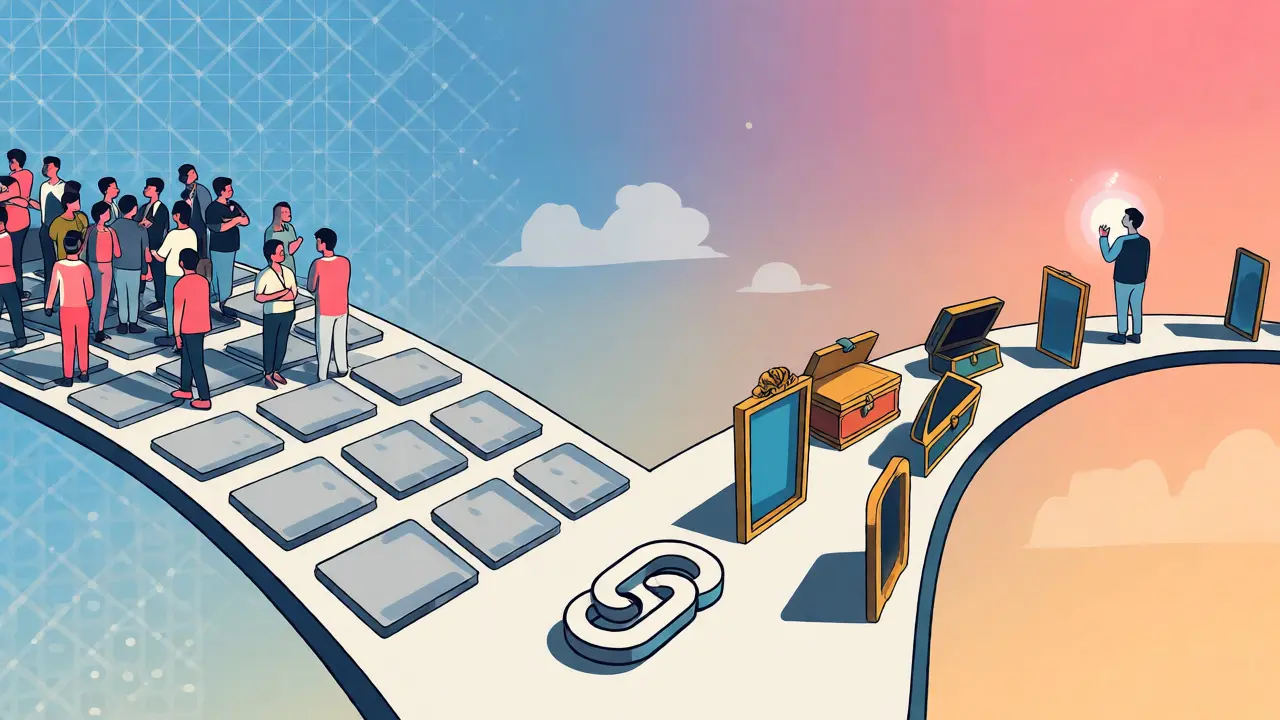 Two paths diverging from a blockchain icon, one crowded, one exclusive
