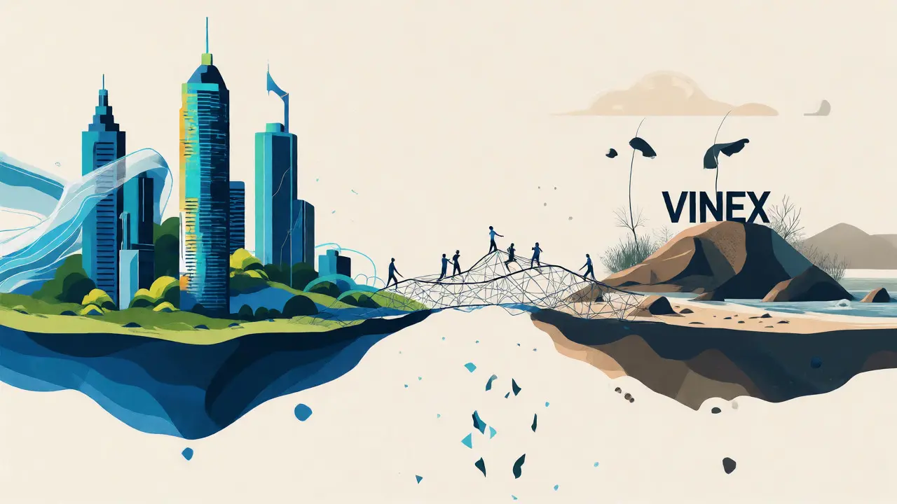 A fragile bridge connects a vibrant city to a barren rock, illustrating VINEX's low liquidity risks.