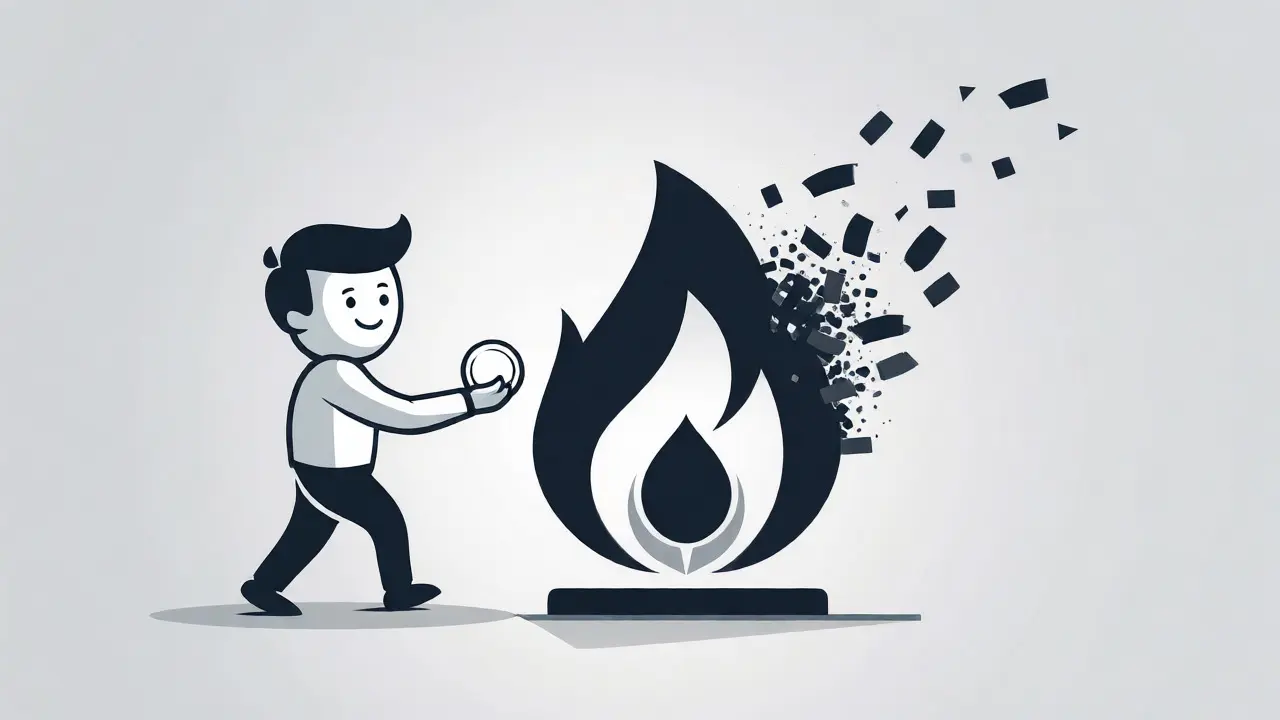 Abstract cartoon showing coins being burned to reduce supply.