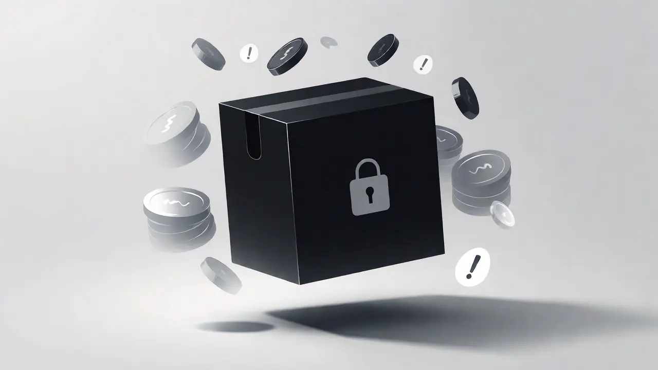 An opaque black box with a padlock floats among fading coins, representing VINEX's lack of transparency.
