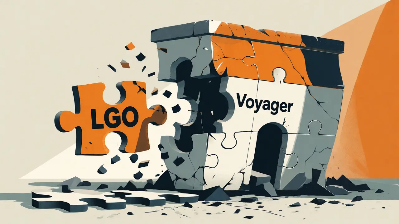 Artistic depiction of LGO brand merging into a fragile Voyager Digital structure.