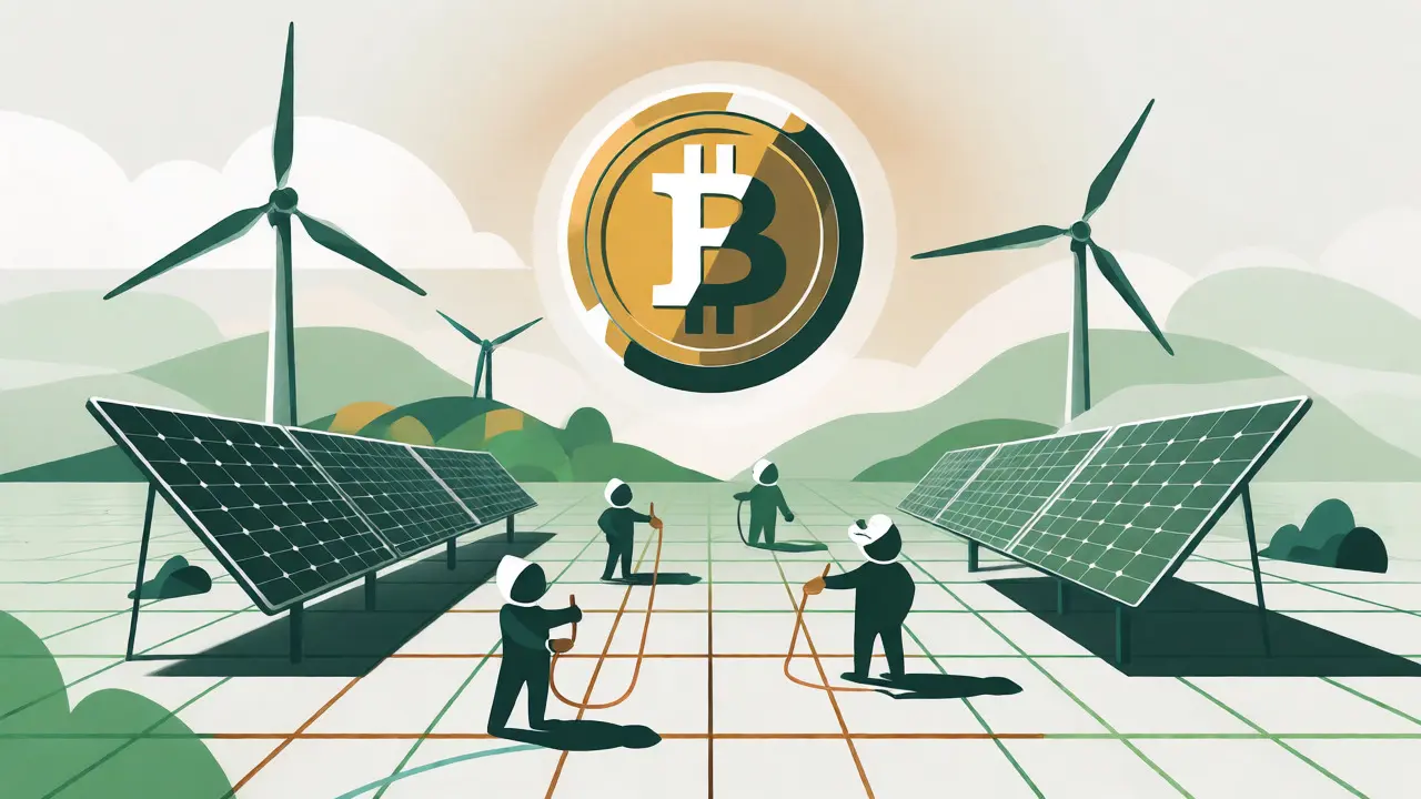 Bitcoin symbol hovering over solar panels and wind turbines representing green energy mining.