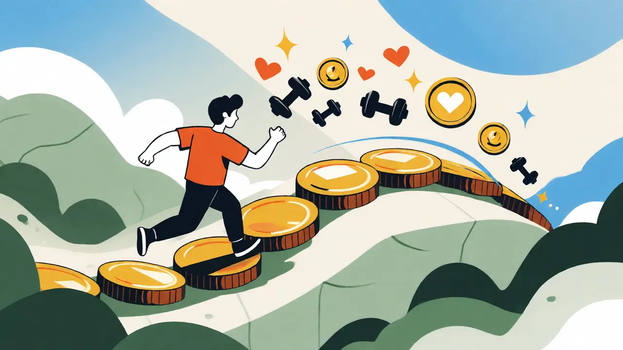 Cartoon character running on a coin path earning fitness-themed crypto rewards