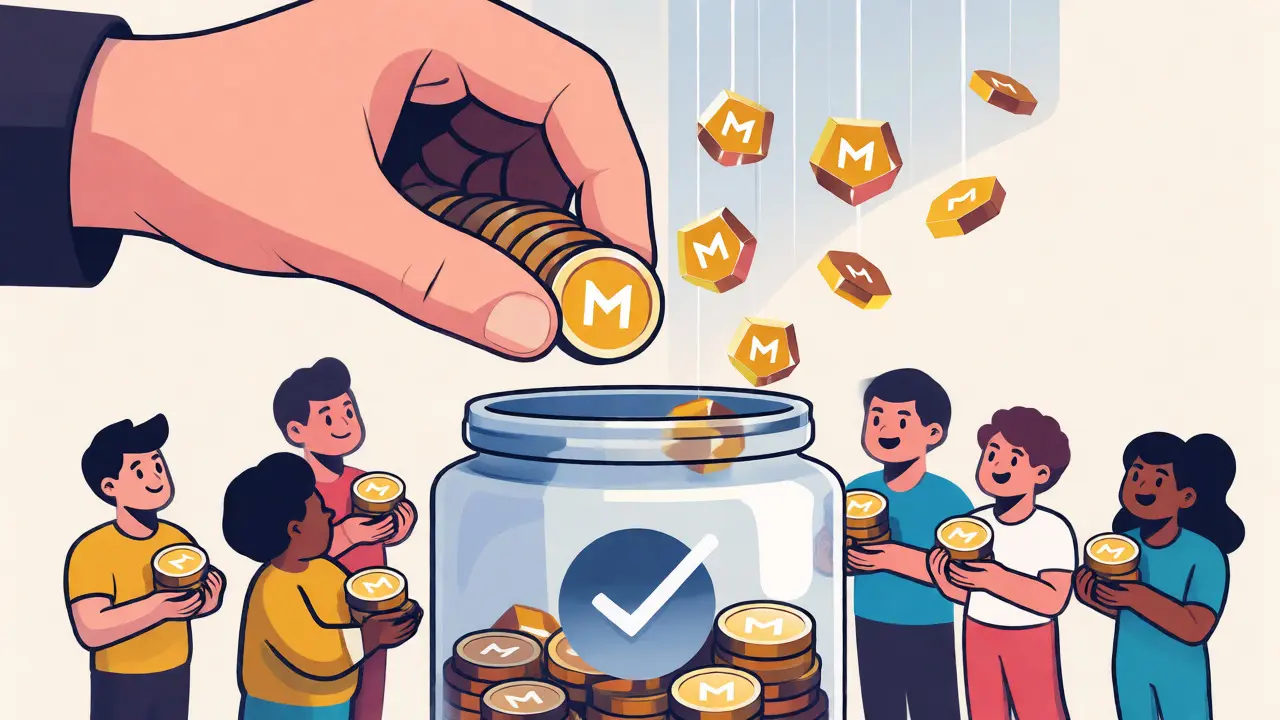 Cartoon scene of users dropping MX tokens into a jar to receive proportional HUSL rewards