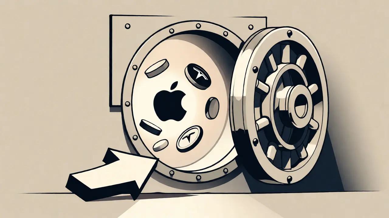 Cartoon vault opening to reveal stylized tech company logos and coins.