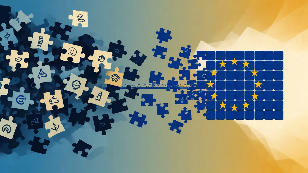 Chaotic crypto puzzle pieces aligning into a structured European-style grid.