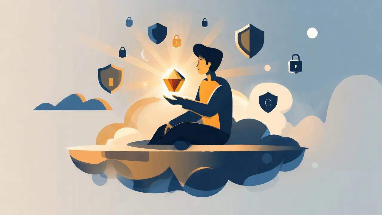 Character staking a glowing token surrounded by security shields in a minimalist style.
