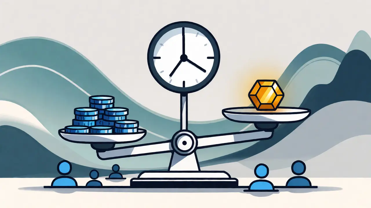 Conceptual art of a balance scale representing the seigniorage mechanism