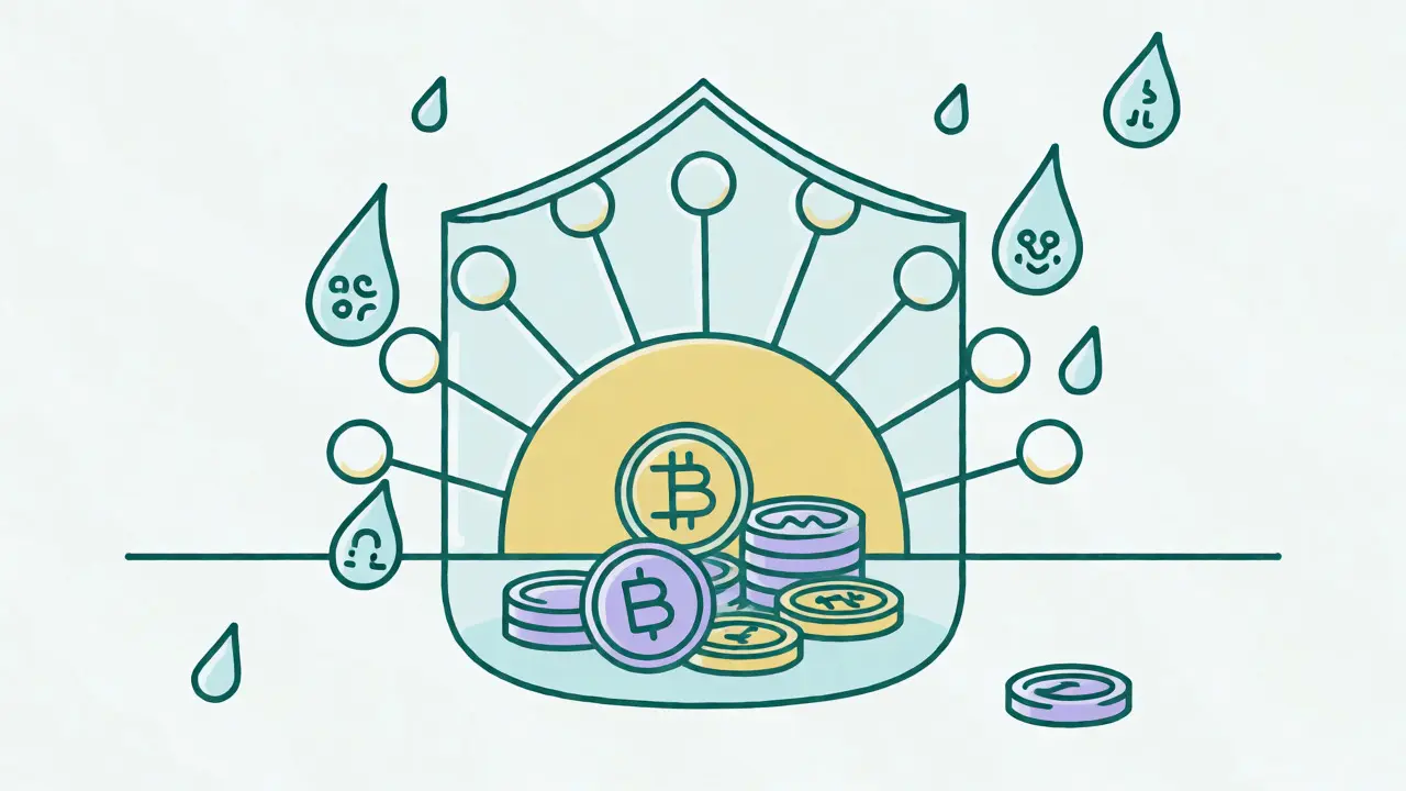 Conceptual art of digital assets protected by a shield against economic risks