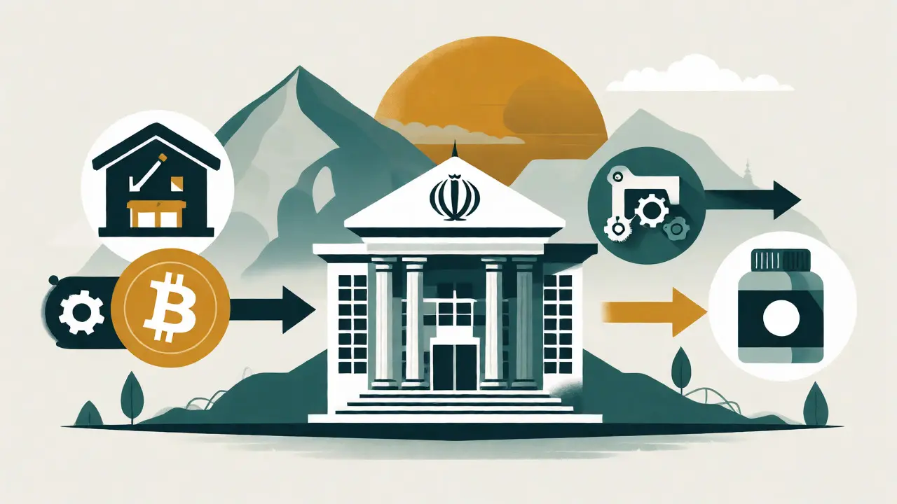 Conceptual graphic of a central bank regulating Bitcoin flows for imports.