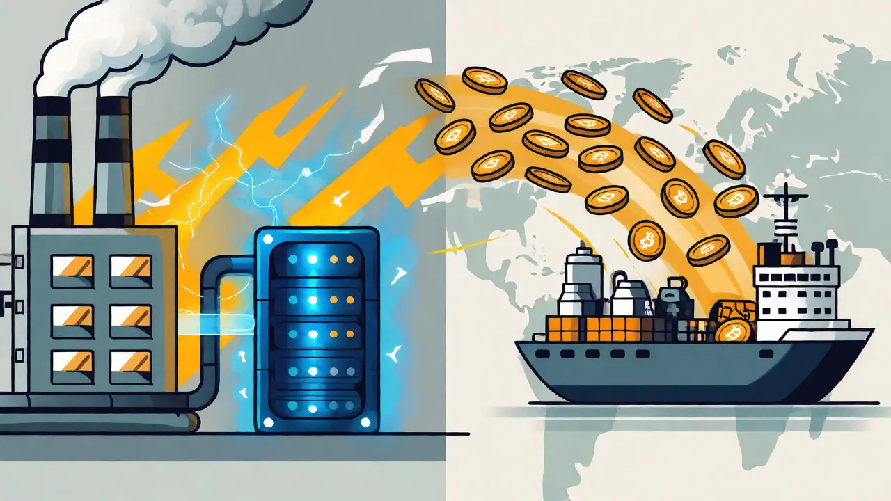 Diagram showing energy transforming into Bitcoin and then into imported goods.