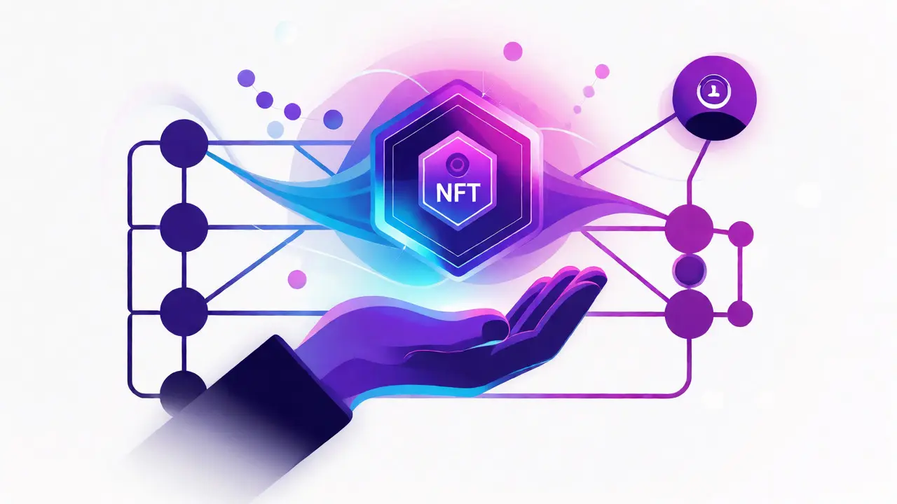 Glowing NFT ticket token connected to blockchain nodes and royalties