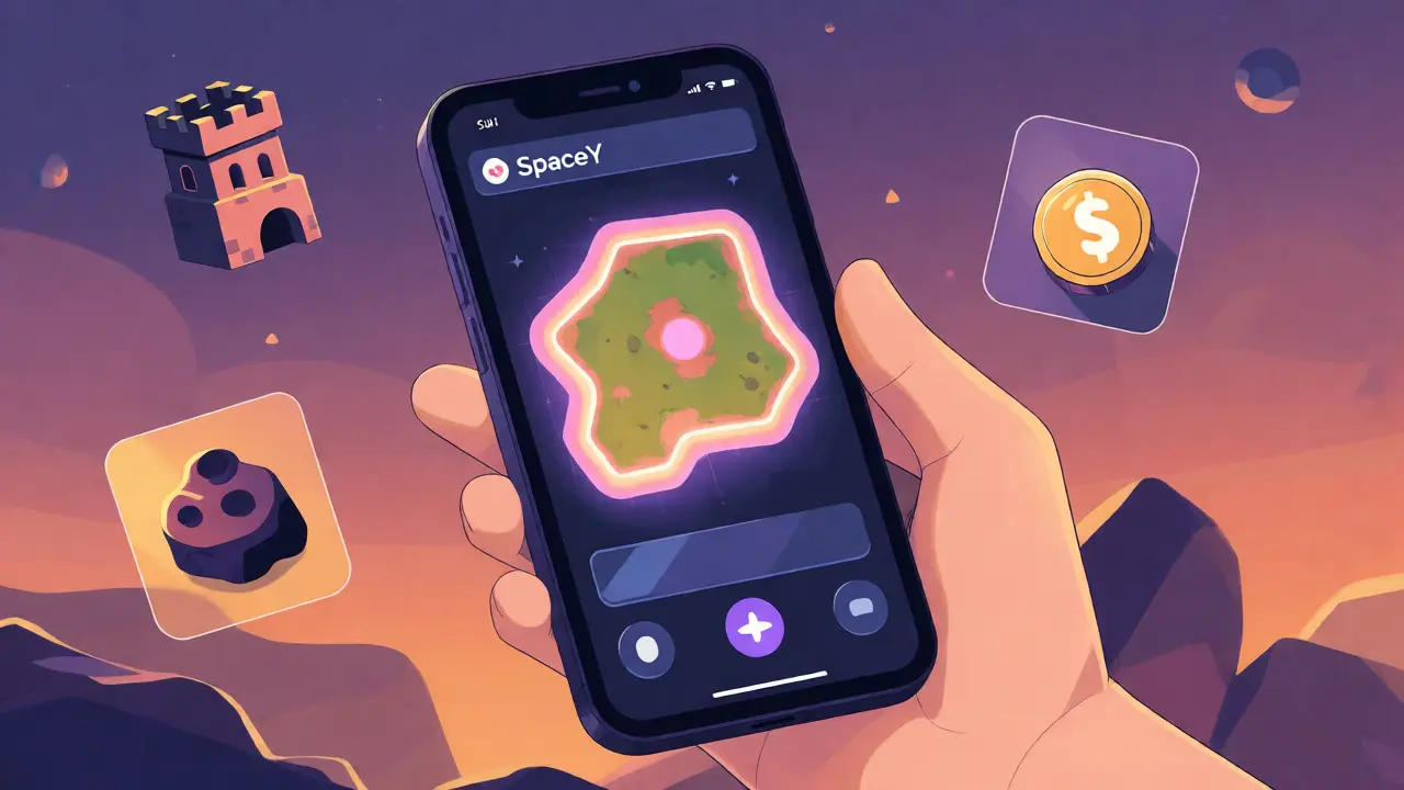 Hand holding phone showing SpaceY land ownership interface