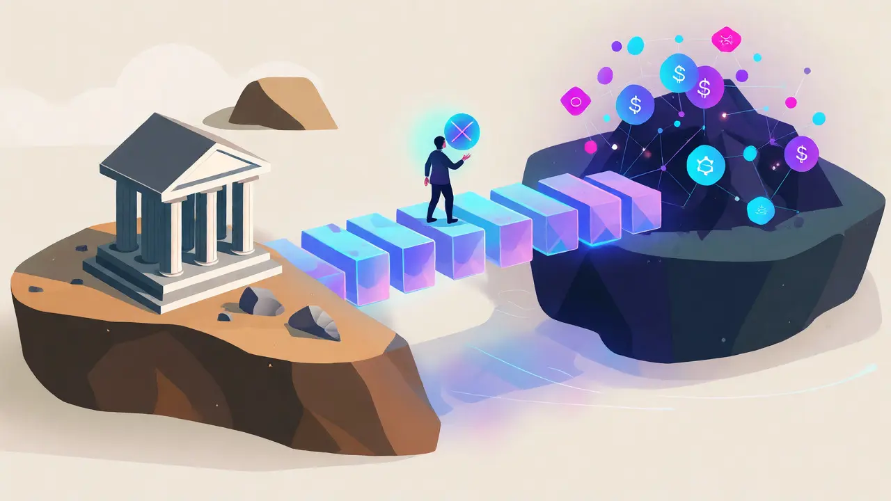Illustration of a digital bridge connecting a bank building to crypto nodes.