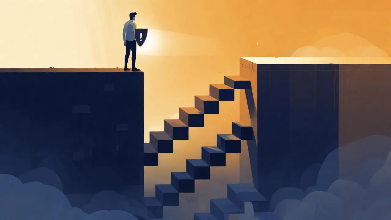 Illustration of an investor choosing between a risky foggy path and a stable golden platform.