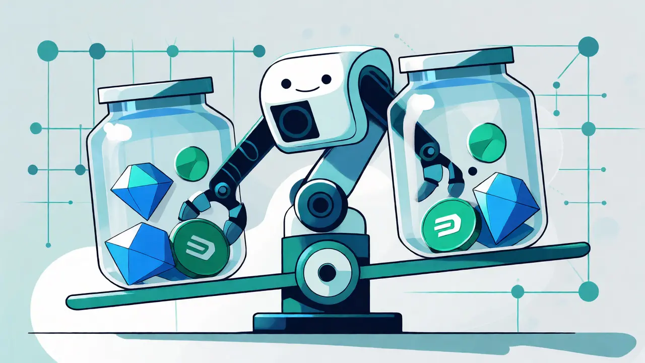 Illustration of liquidity pools balancing tokens via an automated market maker robot.