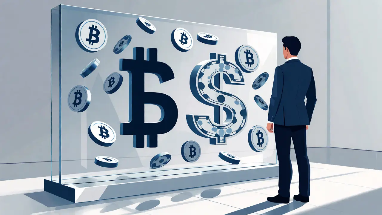 Illustration showing physical exchange of Bitcoin and USD for institutional settlement.