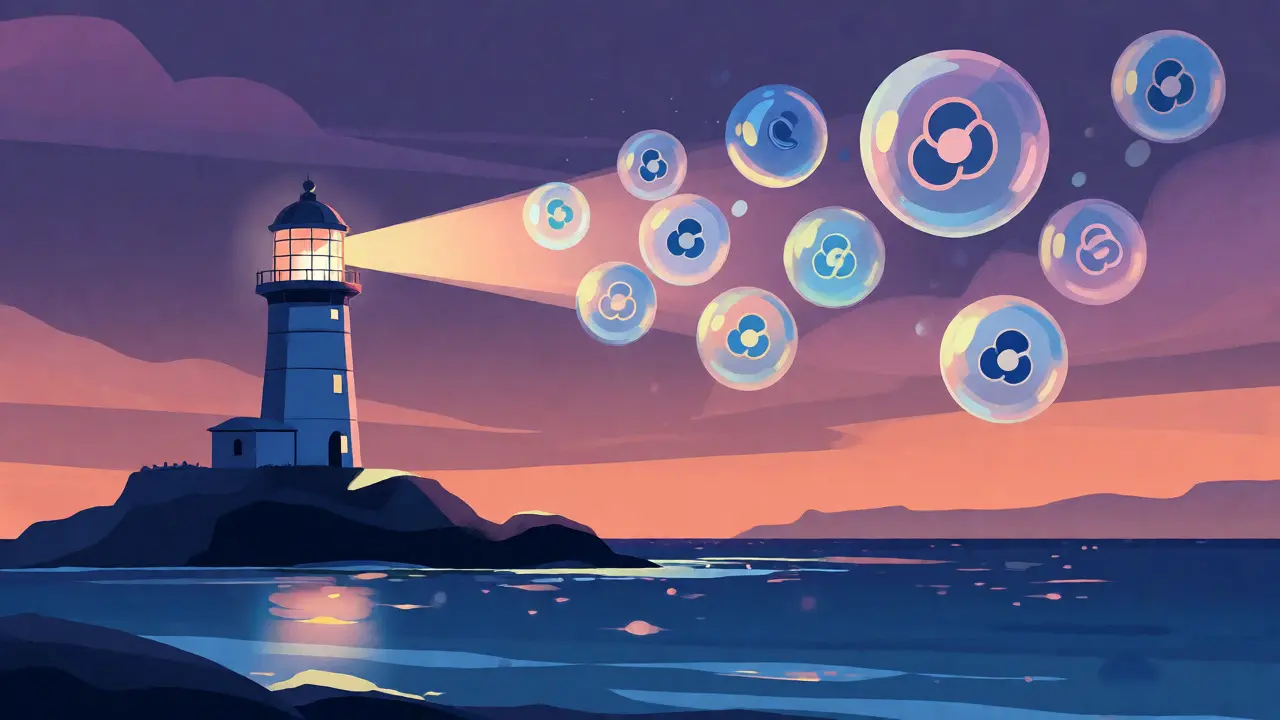 Lighthouse illuminating floating token bubbles in a calm minimalist seascape