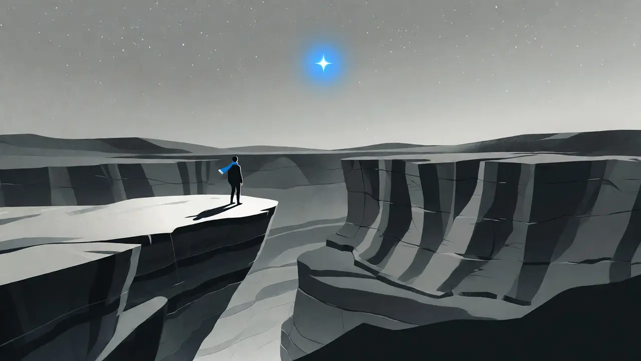 Lone figure overlooking a vast canyon under one star