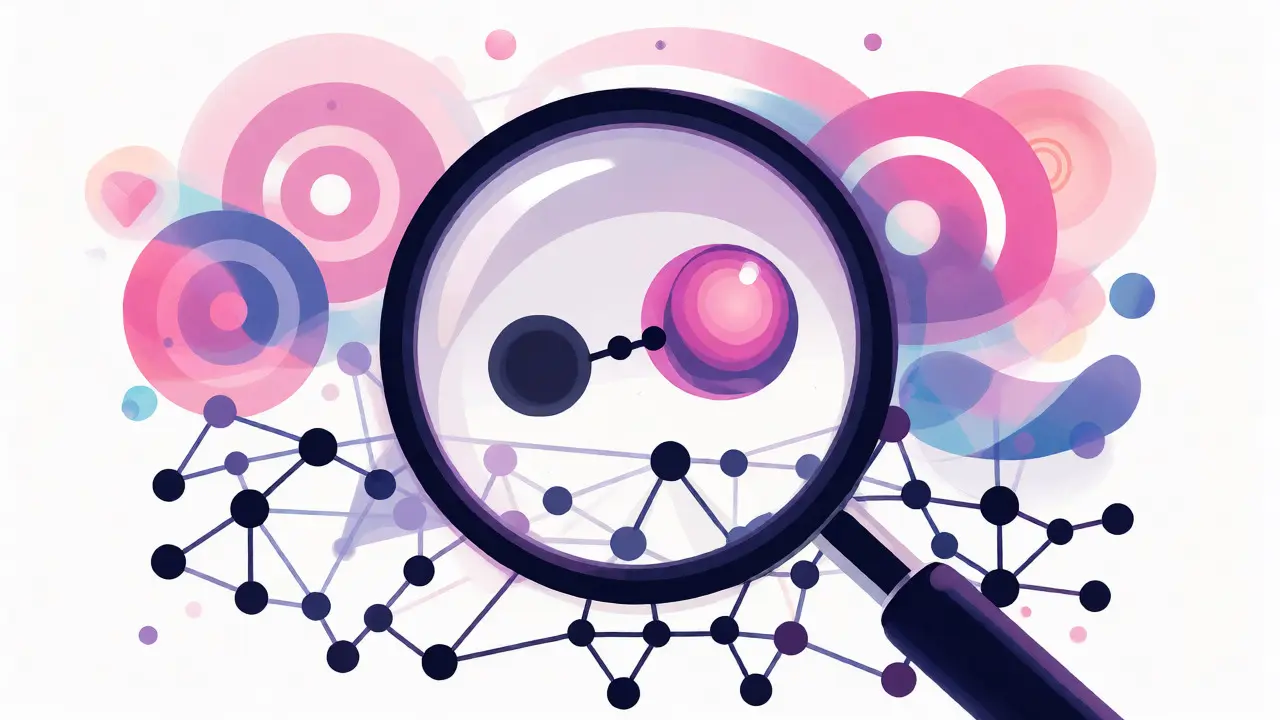 Magnifying glass examining two distinct crypto orbs amidst abstract social media noise.