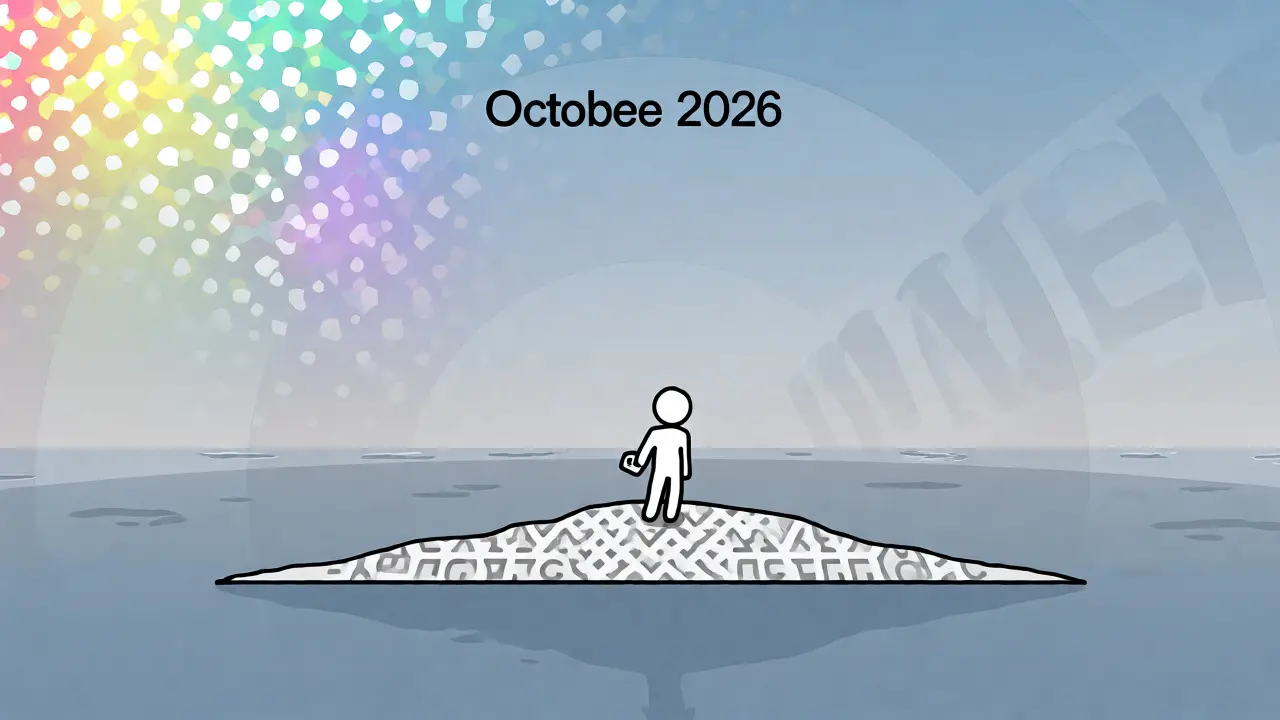 Nostalgic 2026 scene showing an NFT character reflecting on market maturity.