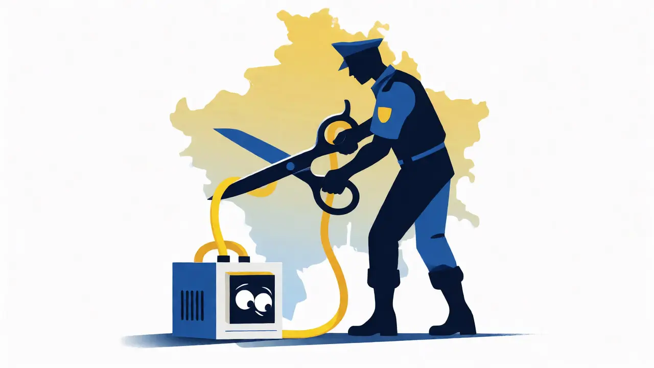 Police officer cutting the power cord to a sad-looking crypto miner in a minimalist illustration.