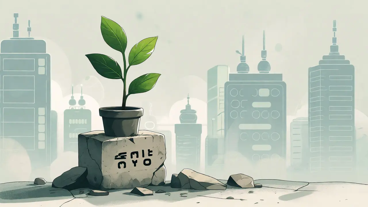 Small plant growing from stone amidst faint city silhouettes.