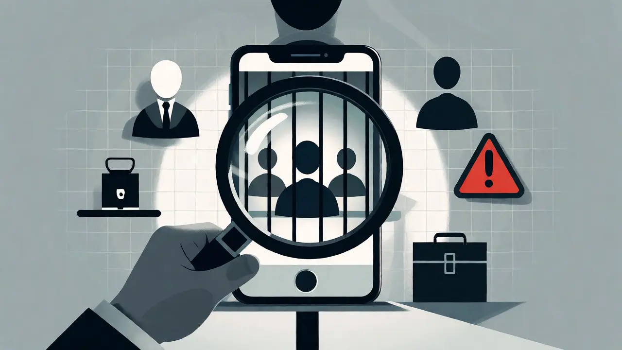 Smartphone under surveillance magnifying glass showing trapped users