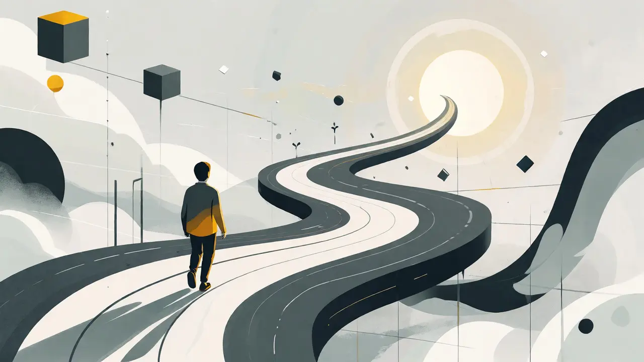 Stylized avatar walking a winding path toward a bright horizon in a metaverse