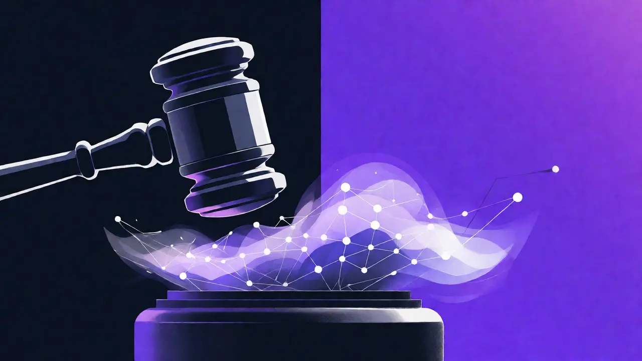 Stylized gavel passing through a cloud of code, symbolizing the legal ruling on smart contracts.
