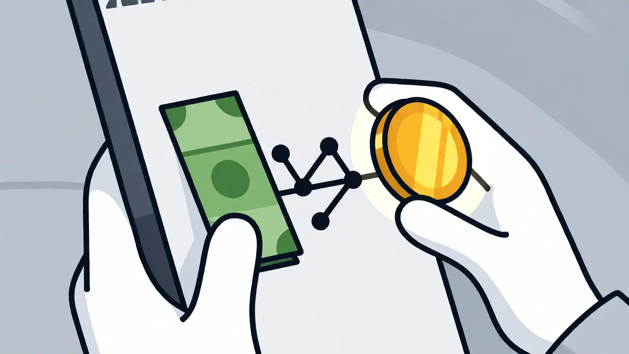 Stylized graphic showing the exchange of rubles for cryptocurrency via P2P