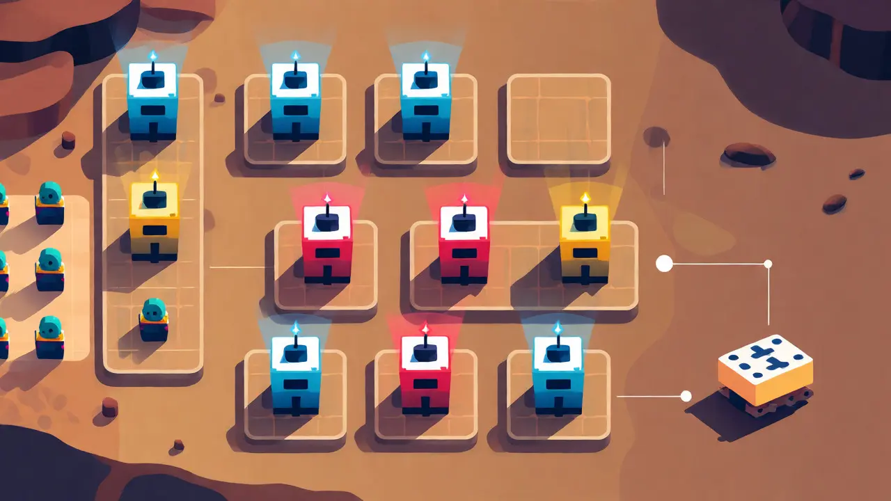 Top-down view of minimalist tower defense game on Mars