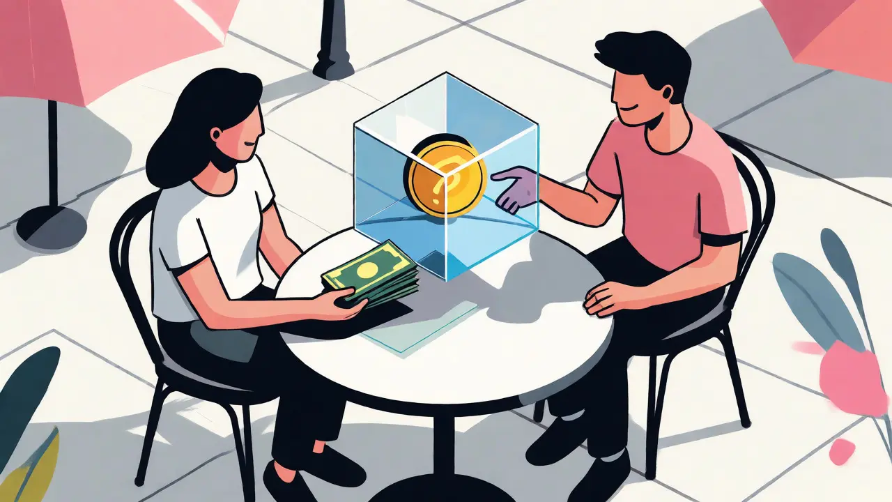 Two people exchanging cash for digital coins via an escrow cube in a cafe setting.